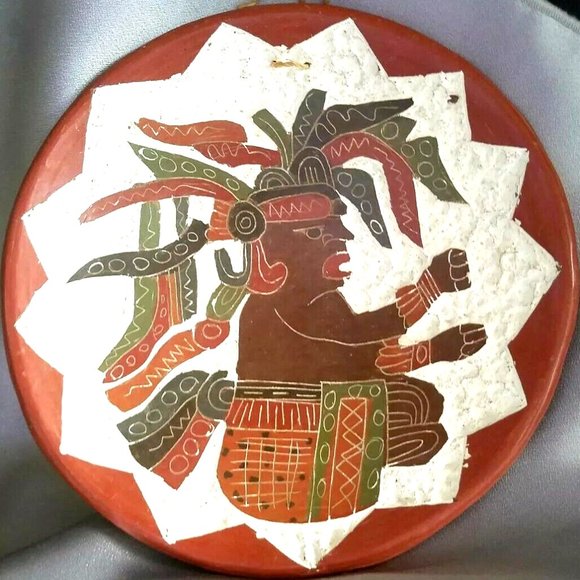 Vintage Mayan Pottery Plate Hand Painted carved wall hanging Terracota 8"